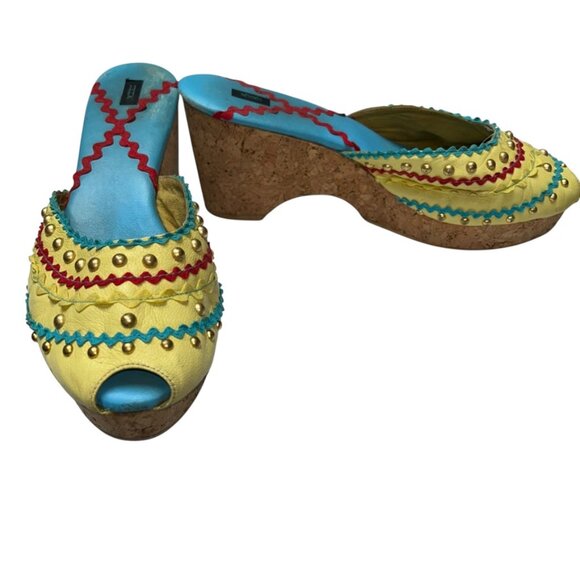 Vintage Shoes - Vintage Yellow and Blue Mules with Cork Heel